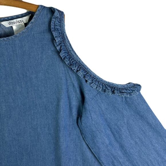 DIZZY LIZZY Denim Cold-Shoulder Ruffled Trim Long Sleeve Womens blouse Size L - Picture 2 of 10